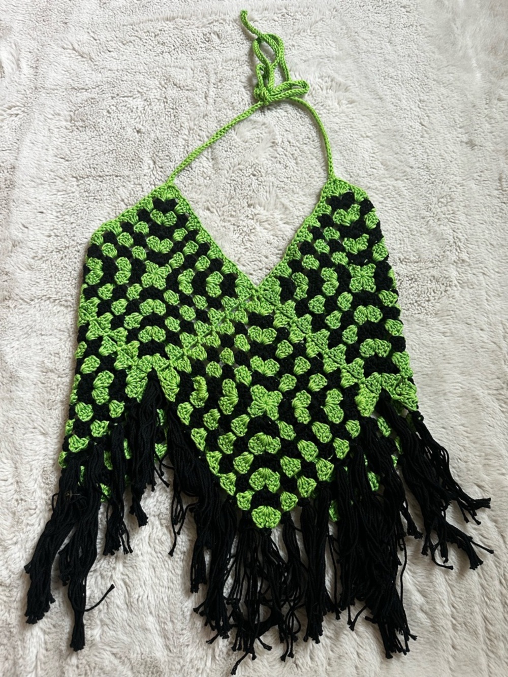 Handmade Crochet Fringe Halter in Green and Black